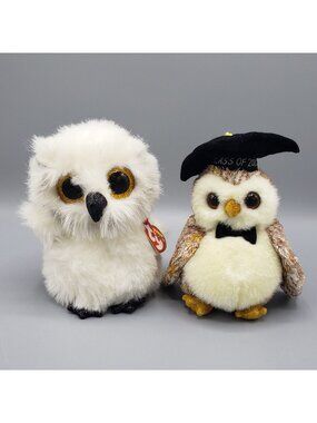 Lot of 2 Owl Plush Ty Beanie Boo Austin TySilk 2021 Smarter 2002 Graduation Toy